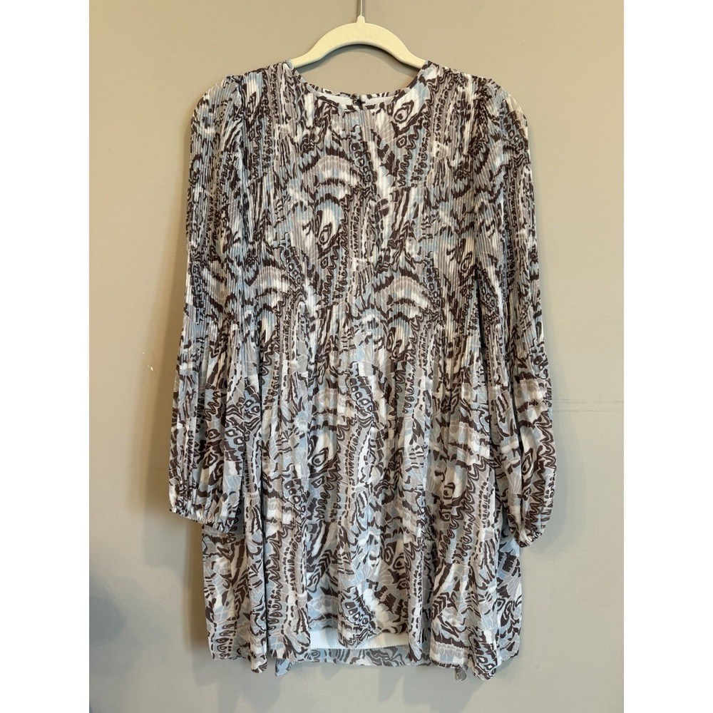 Aritzia Wilfred Daydreamer Mini Dress XS Acordian Pleats Blue‎ Brown Paisley
